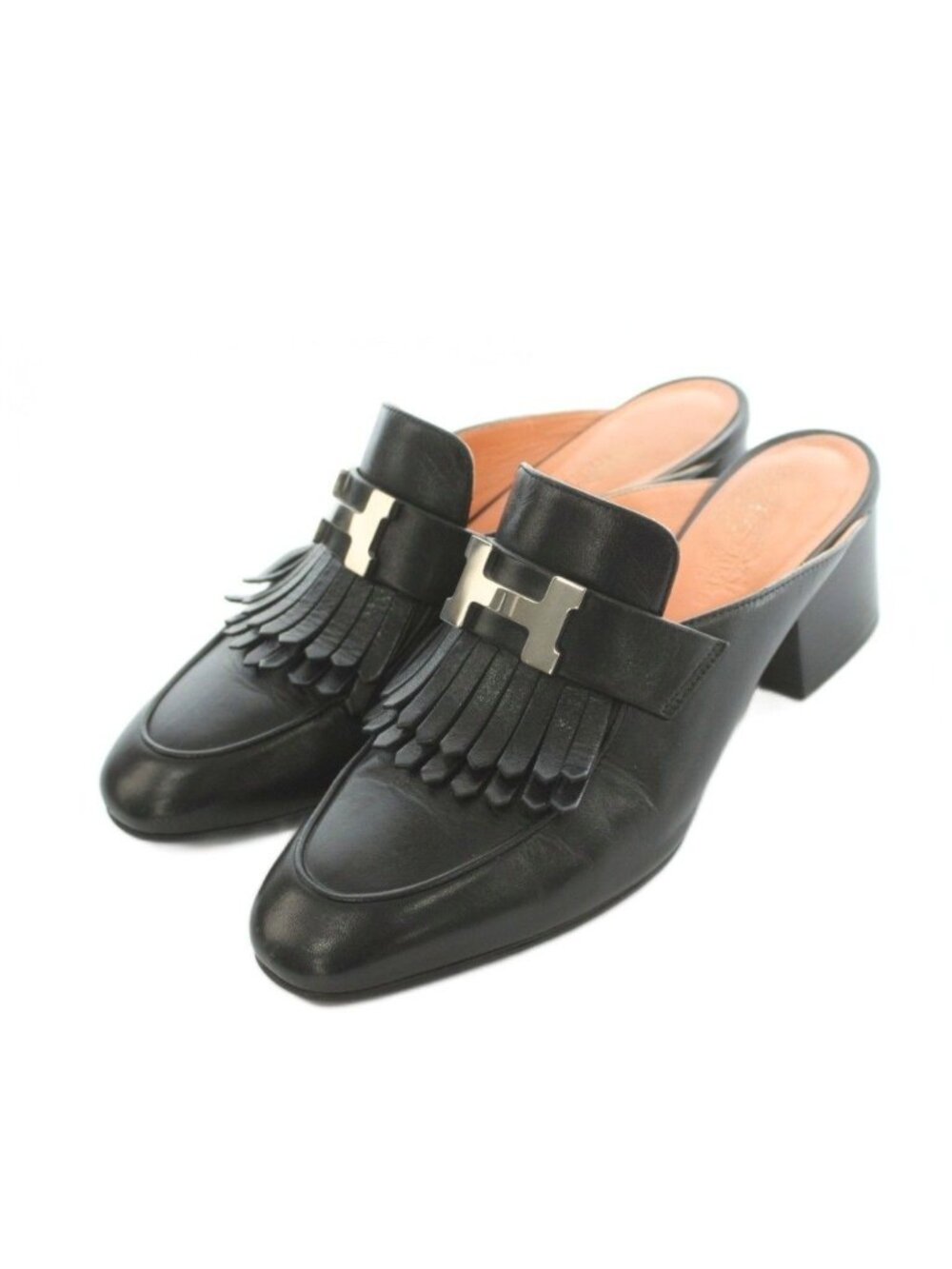 Hermes Rivoli Constance Fringe Mules Leather Black